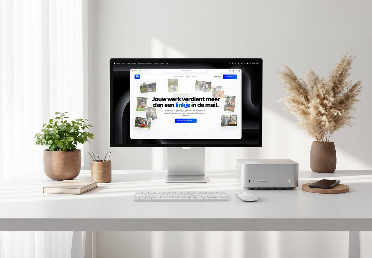 Website van Digital Negative op een monitor, met de tekst ‘Jouw werk verdient meer dan een linkje in de mail’.